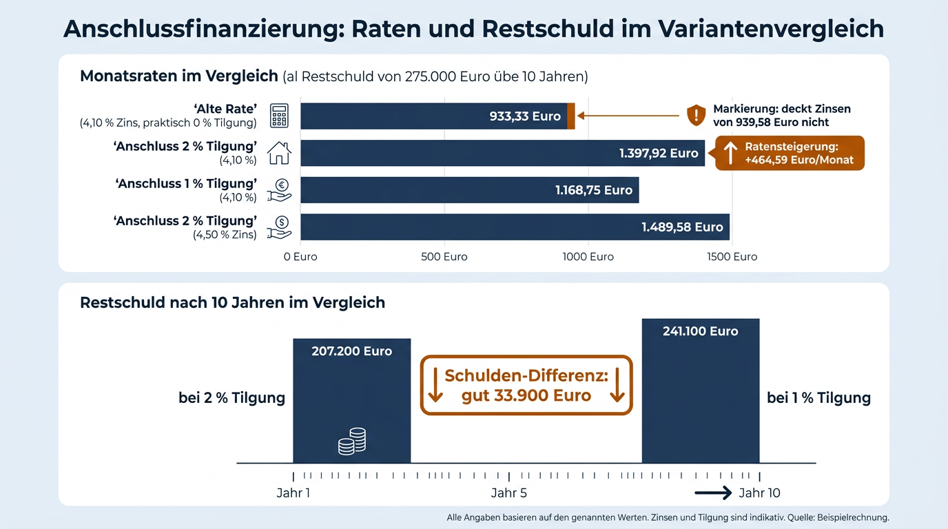 Ein Vergleichsdiagramm stellt die Monatsraten und die nach zehn Jahren verbleibende Restschuld für eine Finanzierung über 275.000 Euro bei unterschiedlichen Zins- und Tilgungssätzen gegenüber.