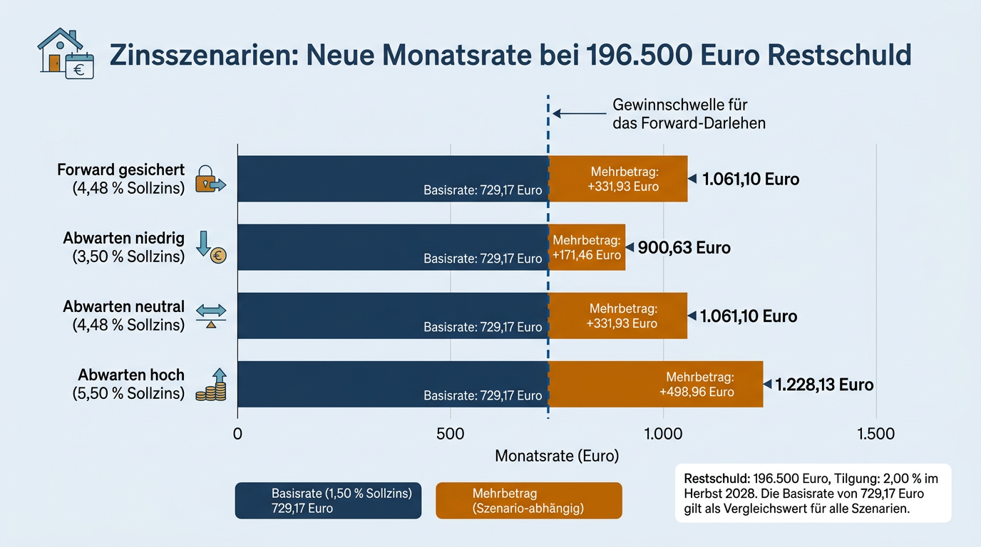 Balkendiagramm, das künftige Monatsraten und Mehrbelastungen für 196.500 Euro Restschuld bei Zinsen von 3,50 bis 5,50 Prozent mit der bisherigen Rate vergleicht.