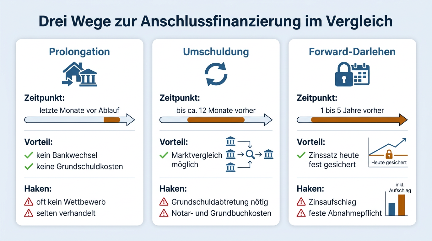 Vergleichsmatrix der drei Optionen Prolongation, Umschuldung und Forward-Darlehen nach Vorlaufzeit, Vorteilen und Nachteilen.