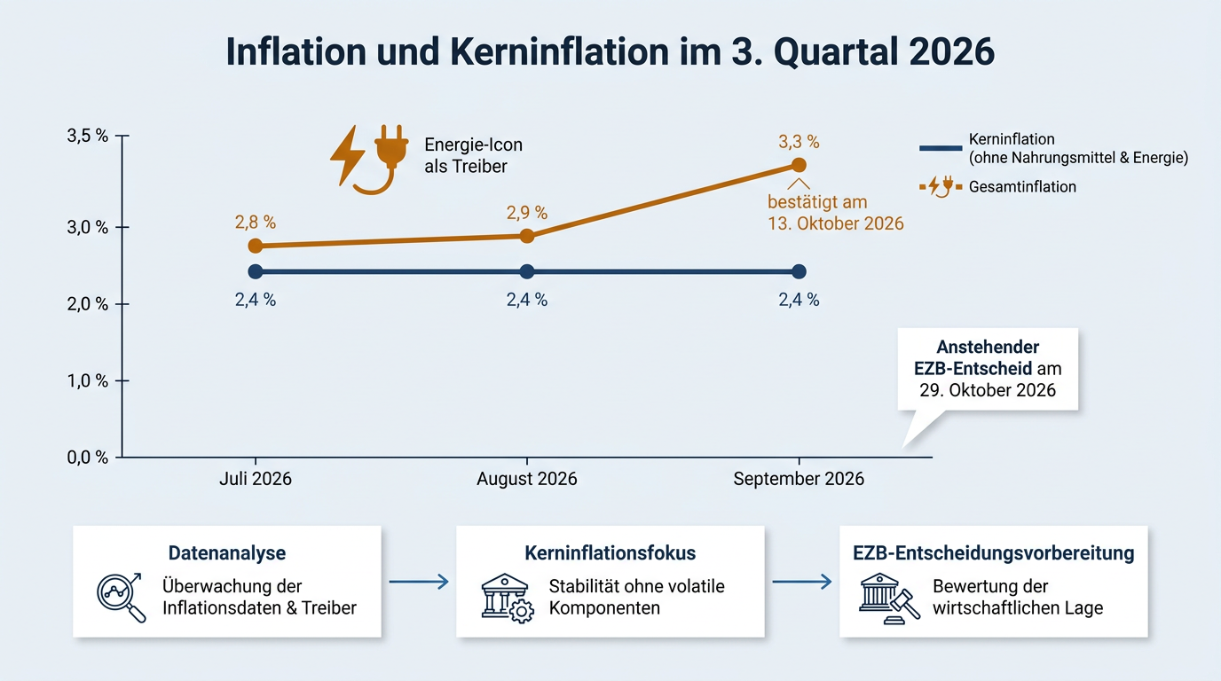 Ein Liniendiagramm vergleicht den Anstieg der Gesamtinflation von 2,8 auf 3,3 Prozent mit der stabilen Kerninflation von 2,4 Prozent zwischen Juli und September 2026.