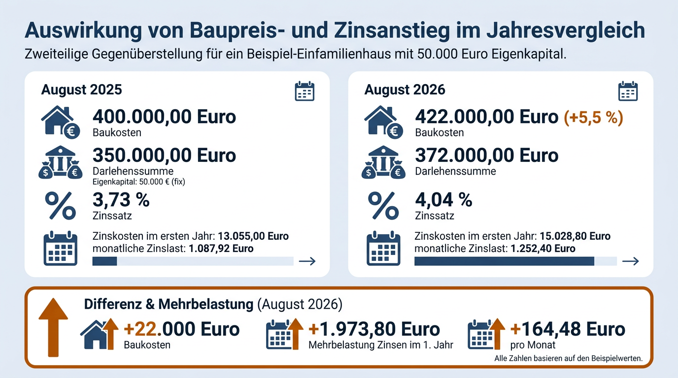 Infografik zum Vergleich von Baukosten und Zinsbelastung eines Einfamilienhauses zwischen August 2025 und August 2026.