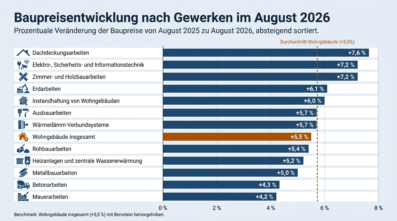 Horizontales Balkendiagramm zum Preisanstieg im August 2026 im Vergleich zum Vorjahr, bei dem Dachdeckungsarbeiten mit 7,6 Prozent den höchsten und Mauerarbeiten mit 4,2 Prozent den geringsten Anstieg verzeichnen.