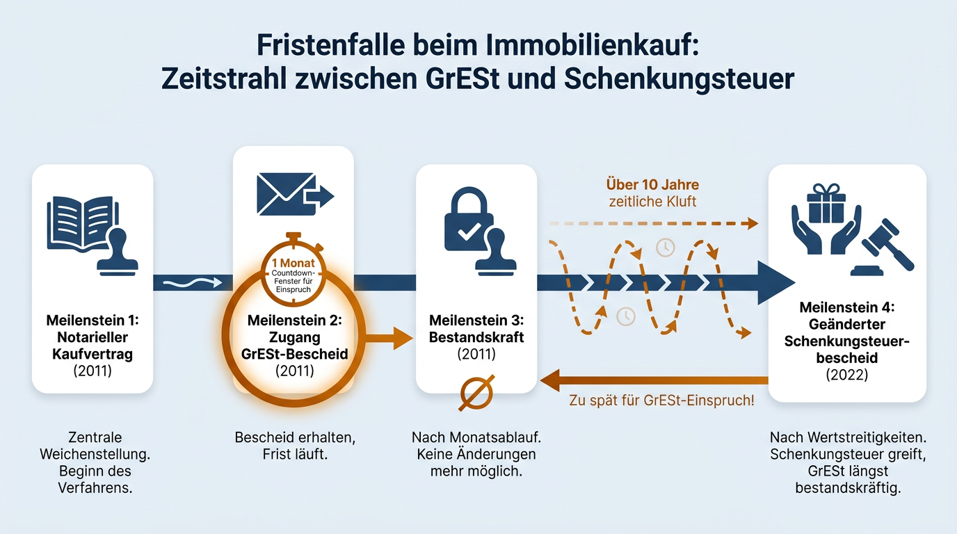 Ein Zeitstrahl verdeutlicht das Risiko der Bestandskraft, da die Grunderwerbsteuer nach einem Monat unanfechtbar wird, während die Schenkungsteuer erst über zehn Jahre später festgesetzt wurde.