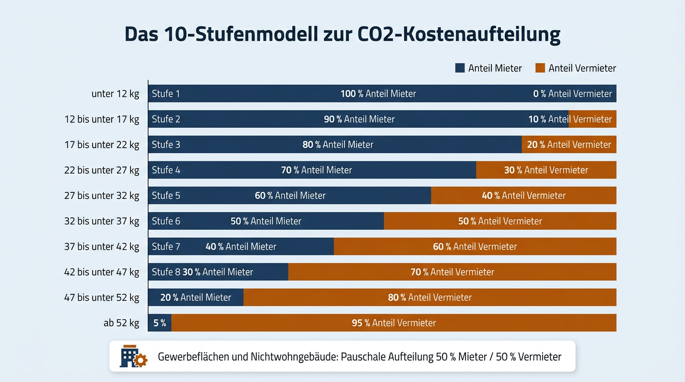 Infografik zum 10-Stufenmodell der CO2-Kostenaufteilung zwischen Mietern und Vermietern je nach CO2-Ausstoß pro Quadratmeter.