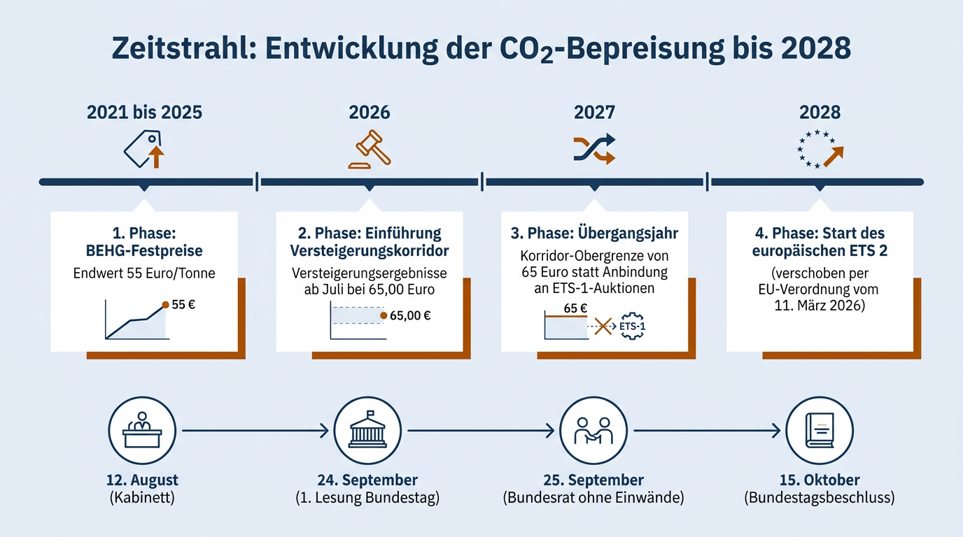 Zeitstrahl zur Entwicklung des nationalen CO2-Preises von den Festpreisen 2021 über das Übergangsjahr 2027 bis zum verschobenen Start des europäischen ETS 2 im Jahr 2028.