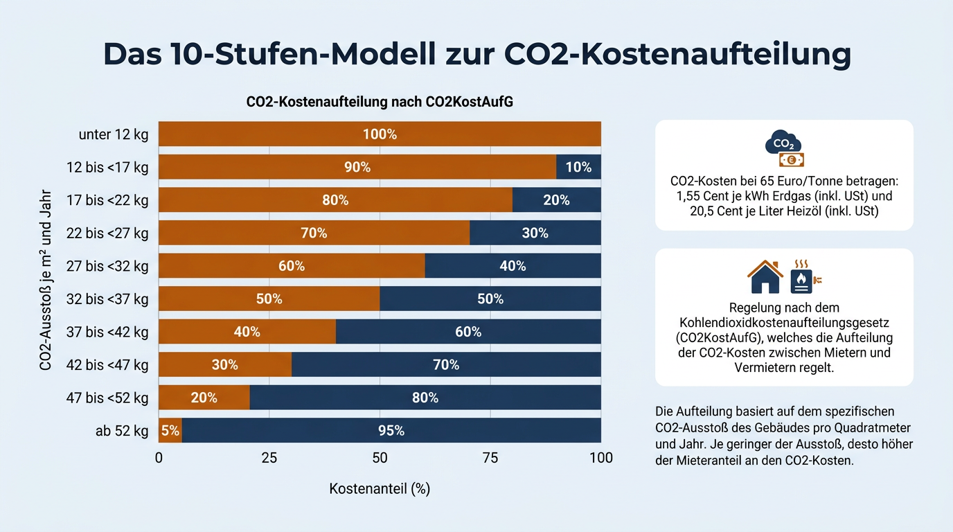 Infografik zum gesetzlichen 10-Stufen-Modell, das die prozentuale Aufteilung der CO2-Kosten zwischen Mieter und Vermieter anhand des Gebäudeausstoßes darstellt.