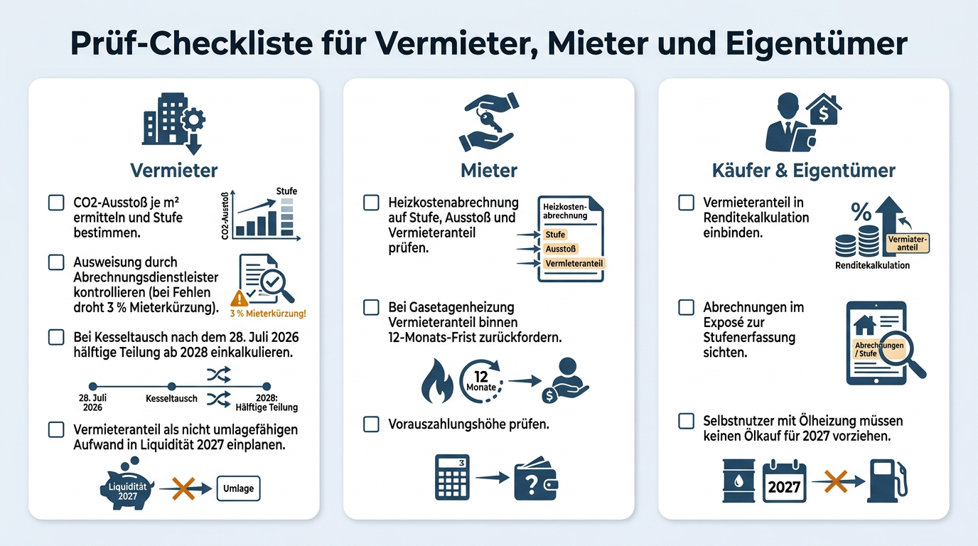 Checkliste mit konkreten Aufgaben und Prüffristen für Vermieter, Mieter und Immobilienkäufer zur CO2-Kostenabrechnung.