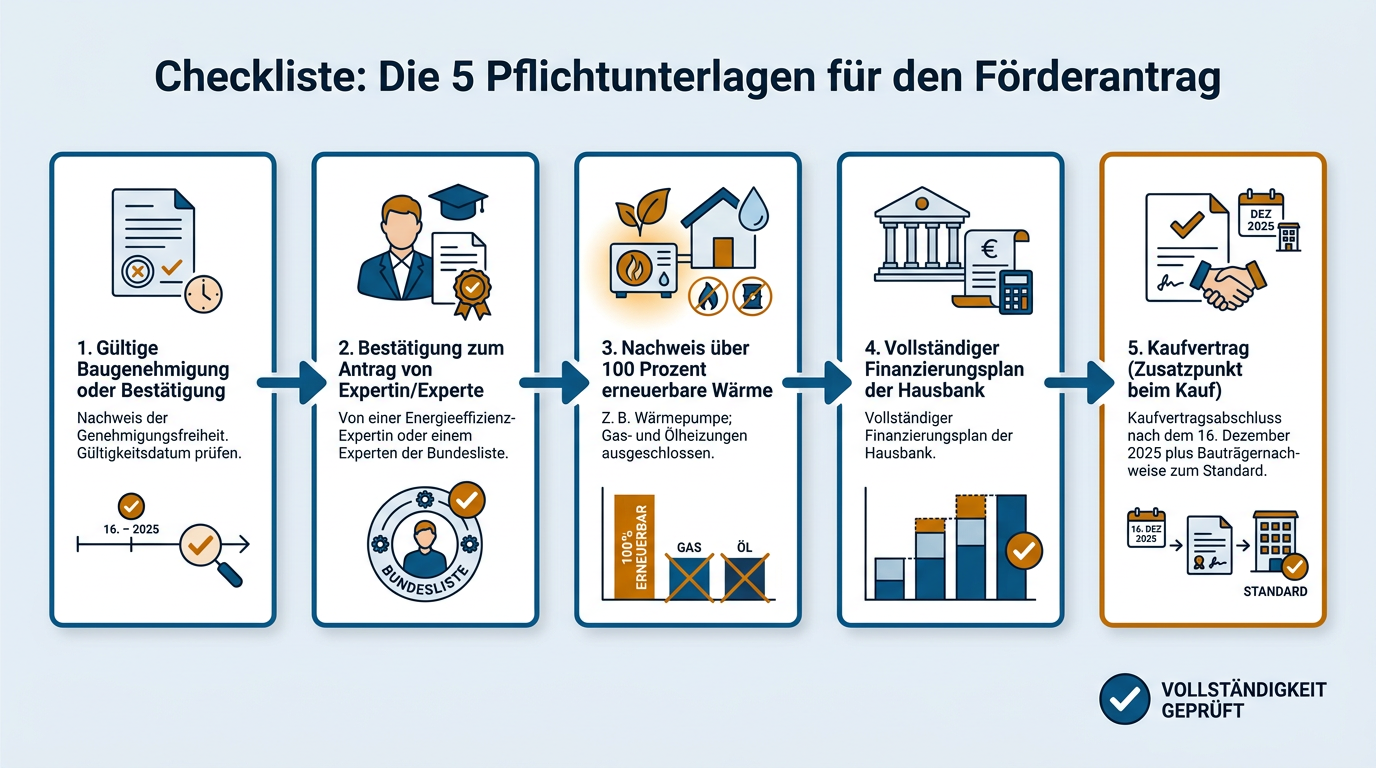 Infografik mit den fünf entscheidenden Unterlagen, die für die Bewilligung des KfW-Kredits vorliegen müssen.