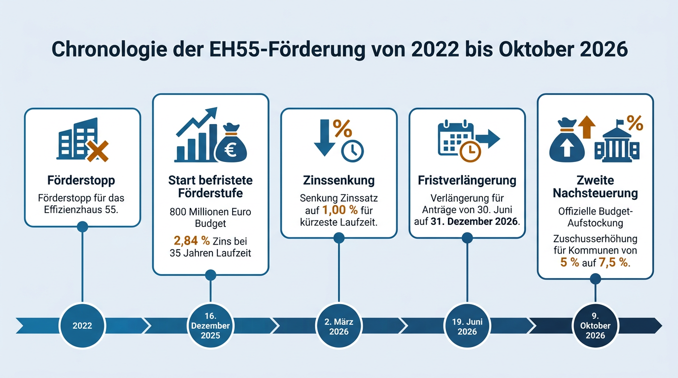 Zeitstrahl der politischen Entscheidungen und Zinsanpassungen zur EH55-Förderung vom Förderstopp 2022 bis zur Aufstockung im Oktober 2026.