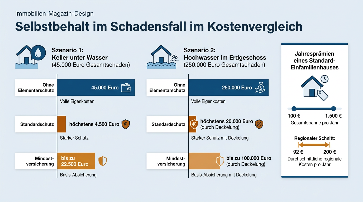 Balkendiagramm zum Vergleich des Selbstbehalts bei 45.000 Euro und 250.000 Euro Gebäudeschaden ohne Elementarschutz, im Standardschutz und bei Mindestversicherung.