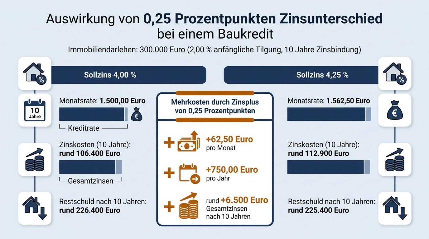 Vergleichsgrafik zweier Baukredite über 300.000 Euro bei 4,00 und 4,25 Prozent Sollzins, die Monatsraten, Gesamtzinsen und Restschuld nach zehn Jahren gegenüberstellt.