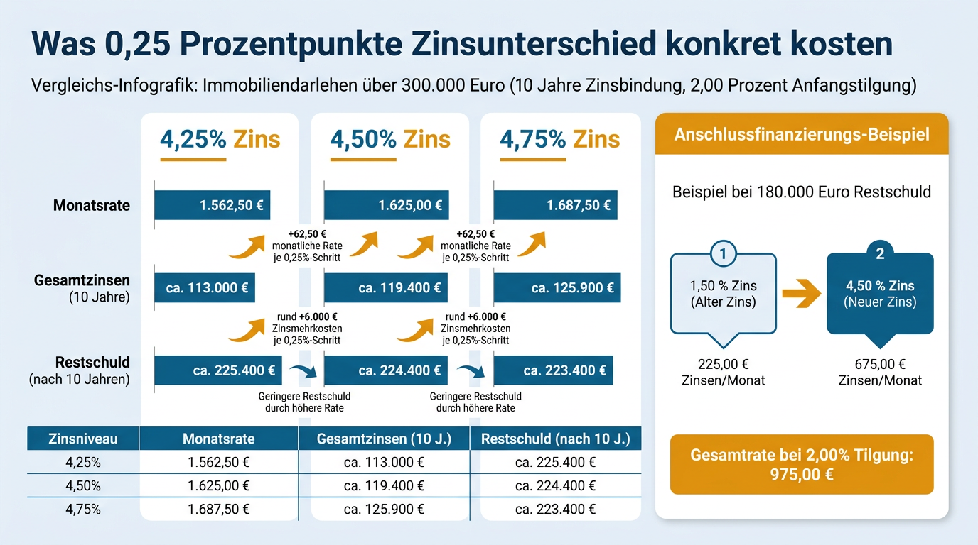 Infografik zeigt die Auswirkung von 0,25 Prozentpunkten Zinsunterschied bei einem Darlehen über 300.000 Euro auf Monatsrate und 10-Jahres-Zinskosten.