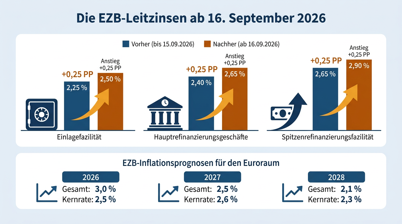 Ein Balkendiagramm veranschaulicht die Anhebung der drei EZB-Leitzinssätze um jeweils 0,25 Prozentpunkte zum 16. September 2026.
