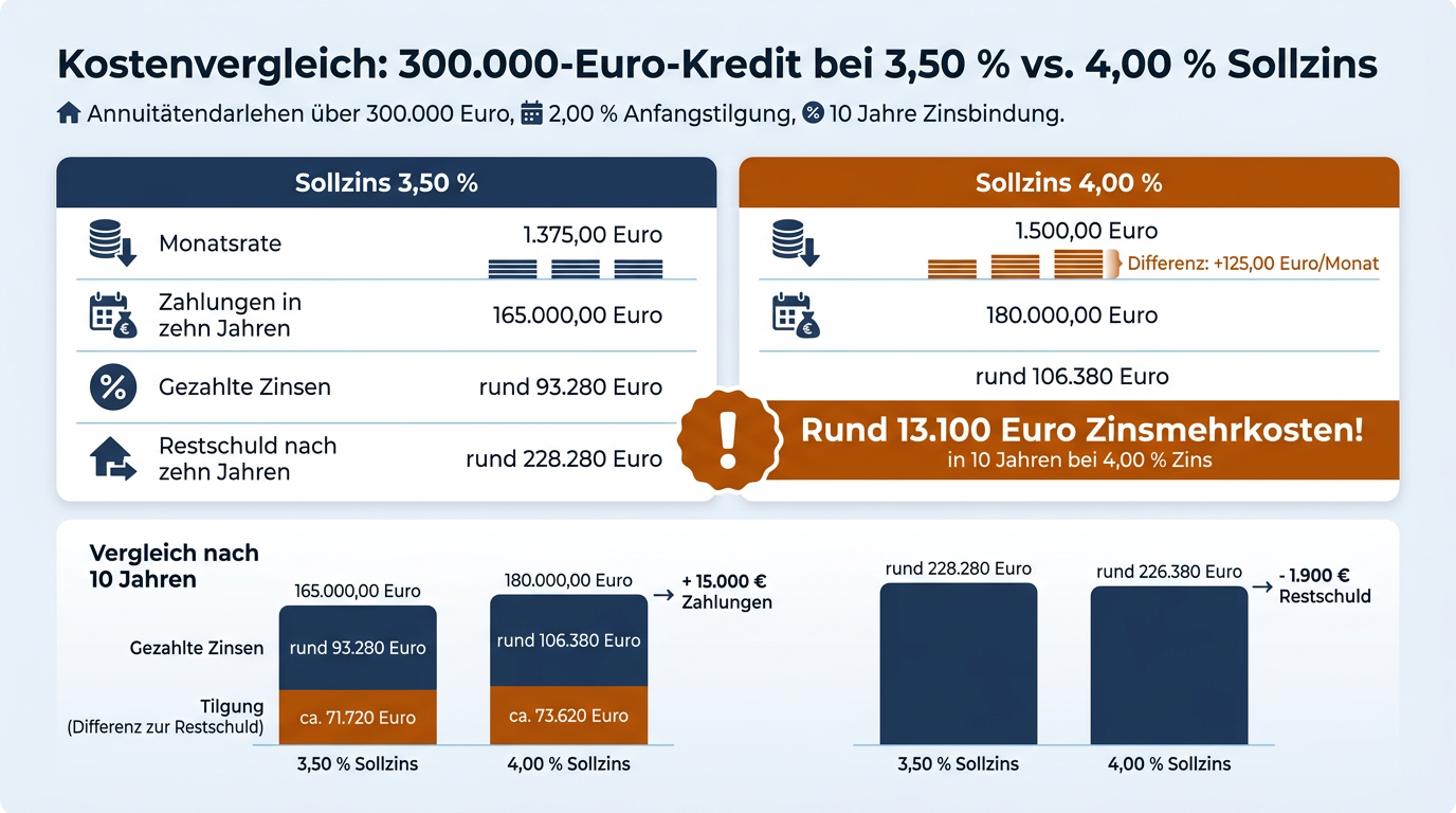 Eine Gegenüberstellung zeigt die monatlichen und zehnjährigen Mehrkosten eines 300.000-Euro-Baukredits bei einem Zinsunterschied von einem halben Prozentpunkt.