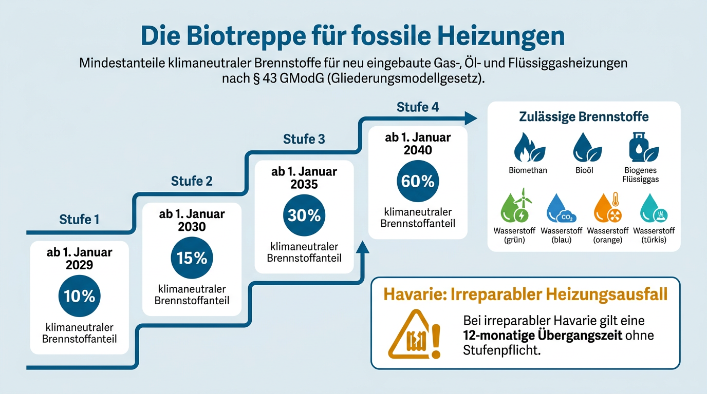 Eine Infografik zur Biotreppe zeigt den stufenweisen Anstieg des Mindestanteils klimaneutraler Brennstoffe für neu eingebaute fossile Heizungen von 10 Prozent im Jahr 2029 bis auf 60 Prozent ab 2040.