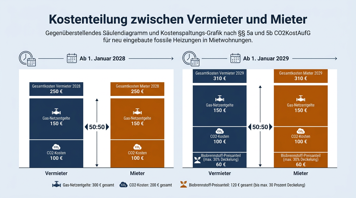 Die Grafik veranschaulicht die hälftige Kostenteilung von Netzentgelten, CO2-Kosten und Biobrennstoff-Aufschlägen zwischen Vermietern und Mietern ab 2028 und 2029 anhand eines Rechenbeispiels.
