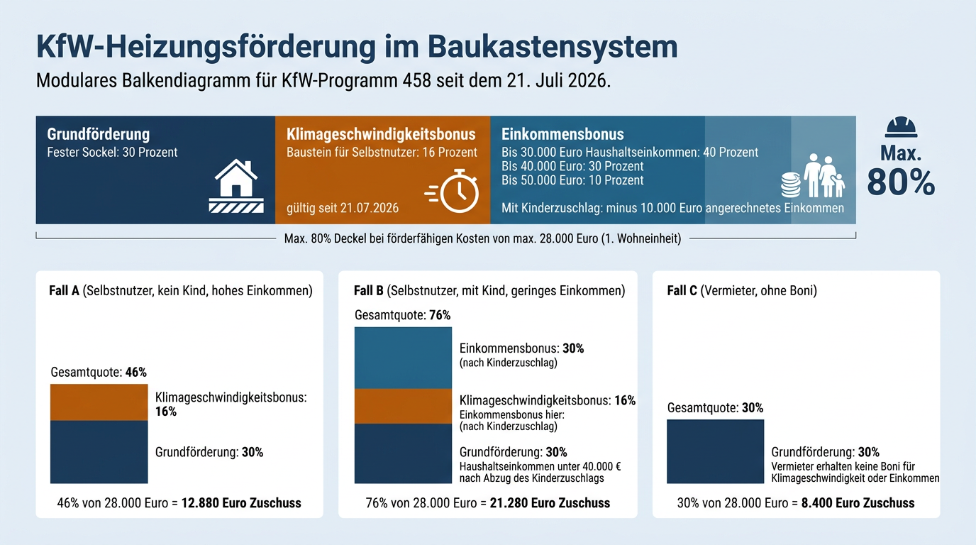 Ein Baukastendiagramm schlüsselt die KfW-Heizungsförderung aus Grundförderung, Geschwindigkeitsbonus und Einkommensbonus bis maximal 80 Prozent Fördersatz und 28.000 Euro Kosten auf.