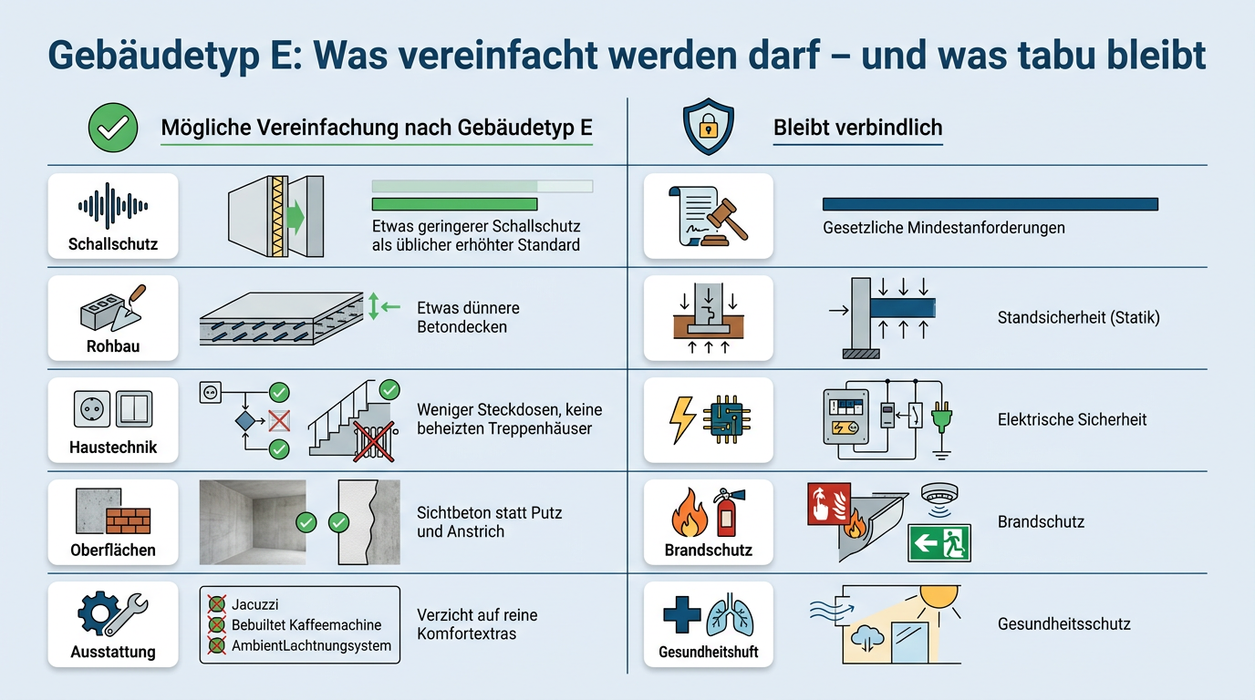 Vergleichsgrafik zeigt auf einen Blick, welche Komfortstandards beim Gebäudetyp E gelockert werden dürfen und welche Sicherheitsregeln wie Statik und Brandschutz verbindlich bleiben.