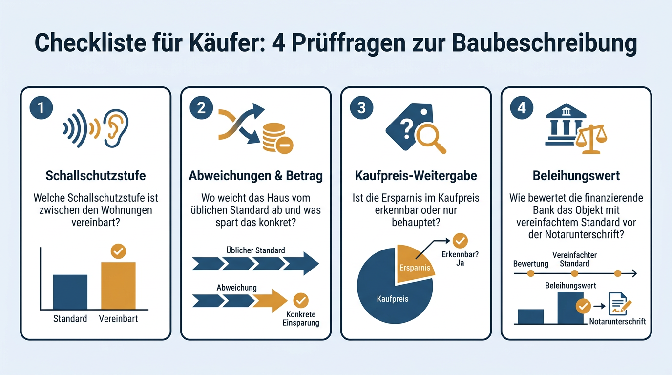 Vierteilige Checkliste mit konkreten Fragen zur Baubeschreibung und Finanzierung, die Käufer vor dem Notarvertrag beim Gebäudetyp E prüfen sollten.