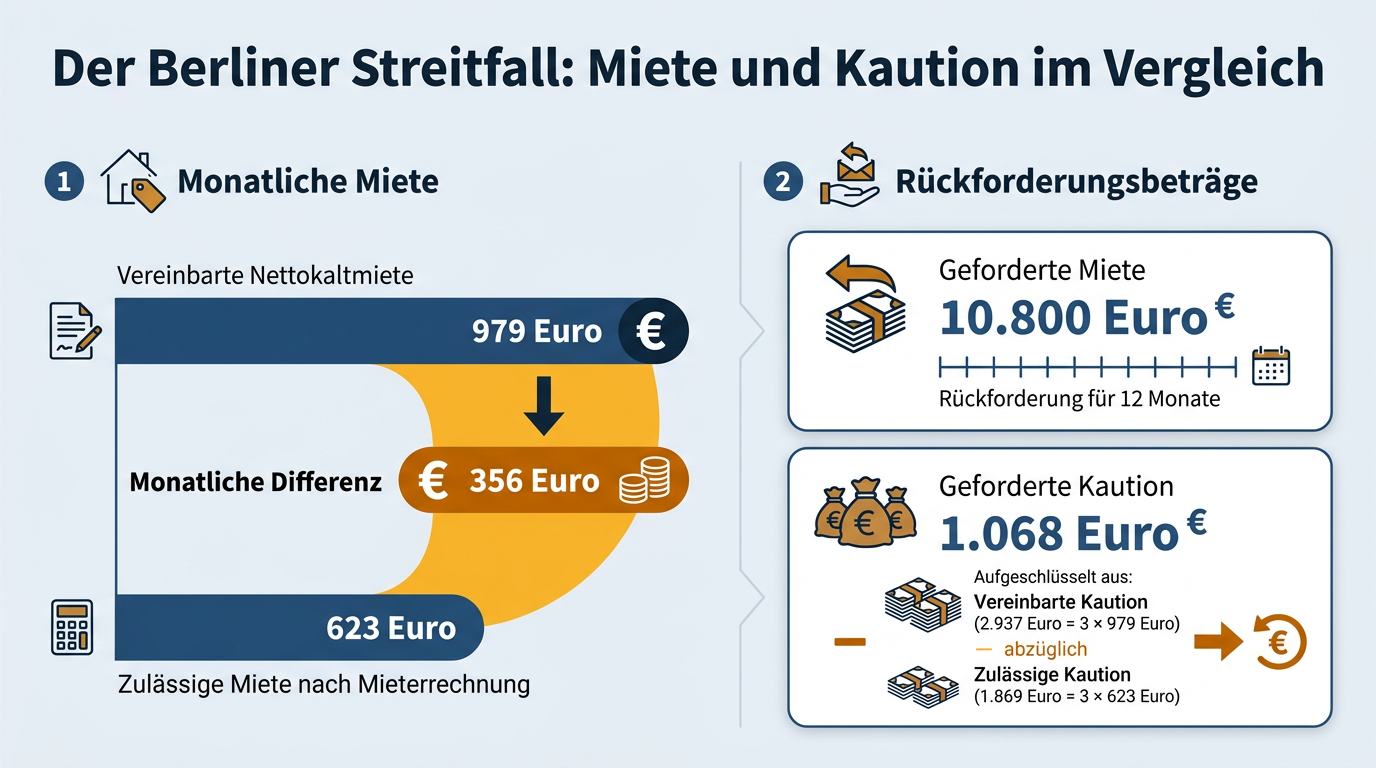 Ein Vergleichsdiagramm stellt die vereinbarte Miete von 979 Euro der zulässigen Miete von 623 Euro gegenüber und schlüsselt die geforderten Rückzahlungen von 10.800 Euro Miete sowie 1.068 Euro Kaution auf.