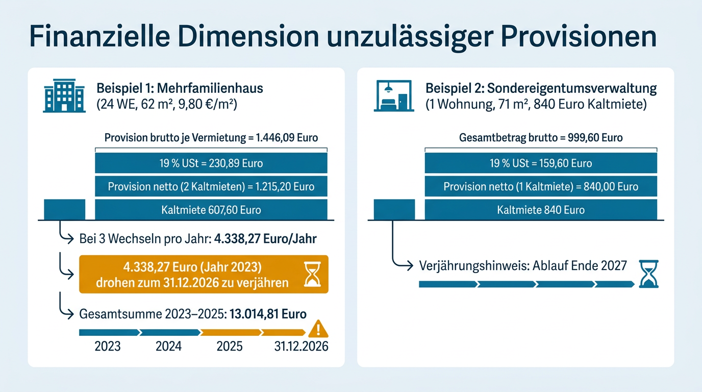 Eine Infografik stellt beispielhafte Provisionsbeträge für ein Mehrfamilienhaus und eine Eigentumswohnung gegenüber und zeigt die drohende Verjährung für Ansprüche aus 2023 zum 31. Dezember 2026.