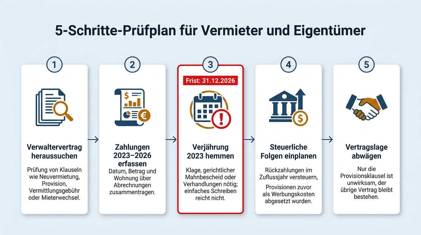 Ein fünfstufiger Leitfaden zeigt Eigentümern schrittweise das Vorgehen zur Prüfung, Dokumentation und fristgerechten Rückforderung unzulässig gezahlter Verwalterprovisionen.