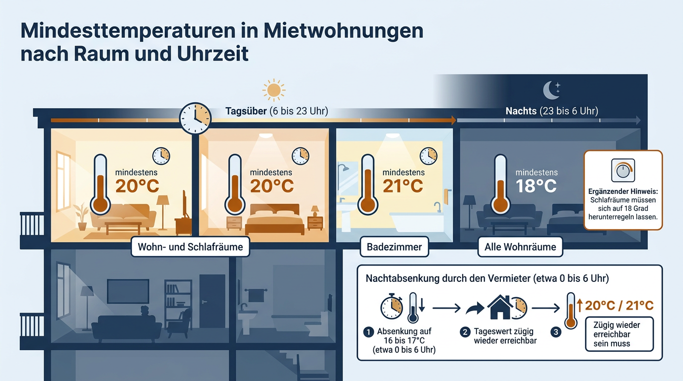 Infografik zu den gerichtlich festgelegten Mindesttemperaturen in Mietwohnungen aufgeteilt nach Räumen, Tag- und Nachtzeiten.