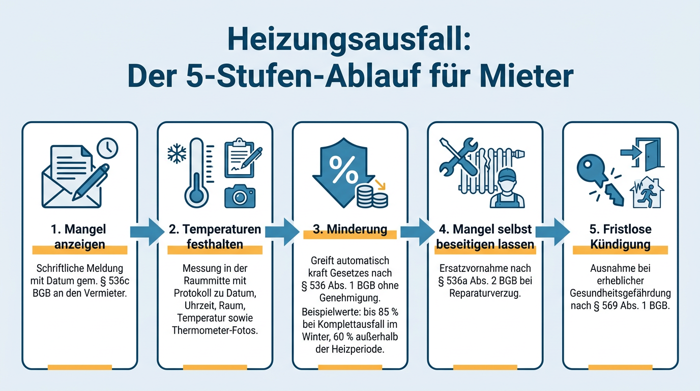 Ein fünfstufiges Ablaufdiagramm zeigt die rechtlichen Schritte für Mieter bei einem Heizungsausfall von der Mängelanzeige bis zur Kündigung.