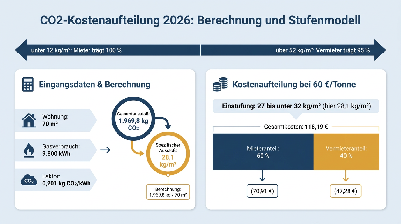 Infografik zur gesetzlichen CO2-Kostenaufteilung zwischen Mieter und Vermieter im Jahr 2026 anhand einer Musterberechnung für eine 70-Quadratmeter-Wohnung.