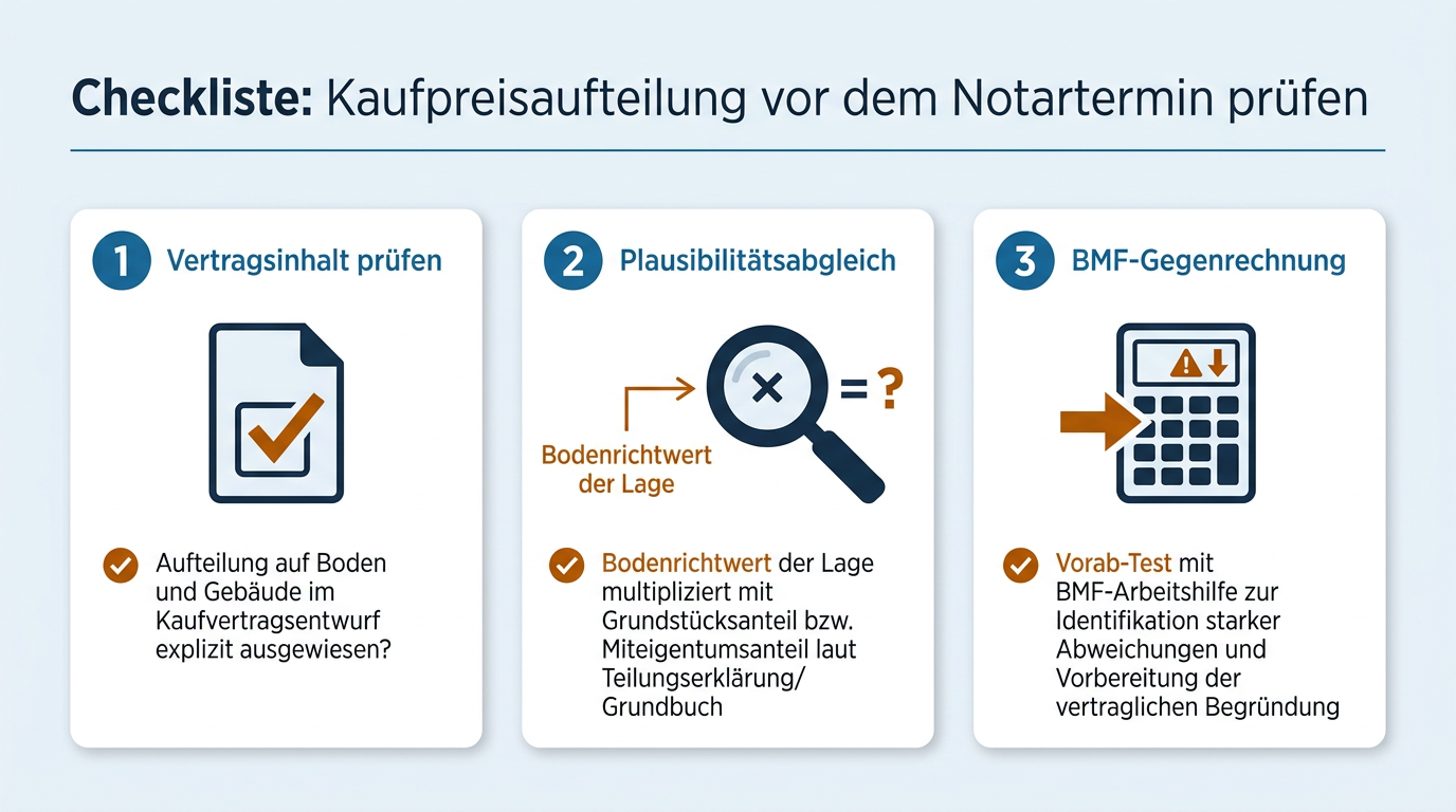 Eine dreiteilige visuelle Checkliste veranschaulicht die Prüfschritte, mit denen Immobilienkäufer vor dem Notartermin die Kaufpreisaufteilung vertraglich und rechnerisch absichern können.