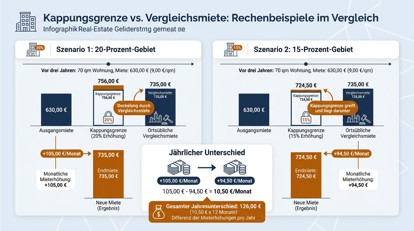 Infografik zum Vergleich der Mieterhöhungsgrenzen in 20- und 15-Prozent-Gebieten anhand einer 70-Quadratmeter-Wohnung.
