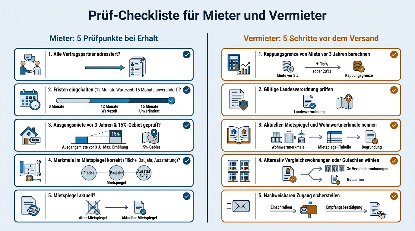 Übersichtliche Prüf-Checkliste in zwei Spalten mit den wichtigsten Punkten für Mieter und Vermieter bei einer Mieterhöhung.