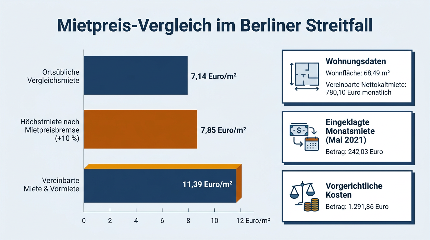 Balkendiagramm vergleicht die Berliner Vergleichsmiete von 7,14 Euro mit der Mietpreisbremsen-Obergrenze von 7,85 Euro und der vereinbarten Vormiete von 11,39 Euro je Quadratmeter.