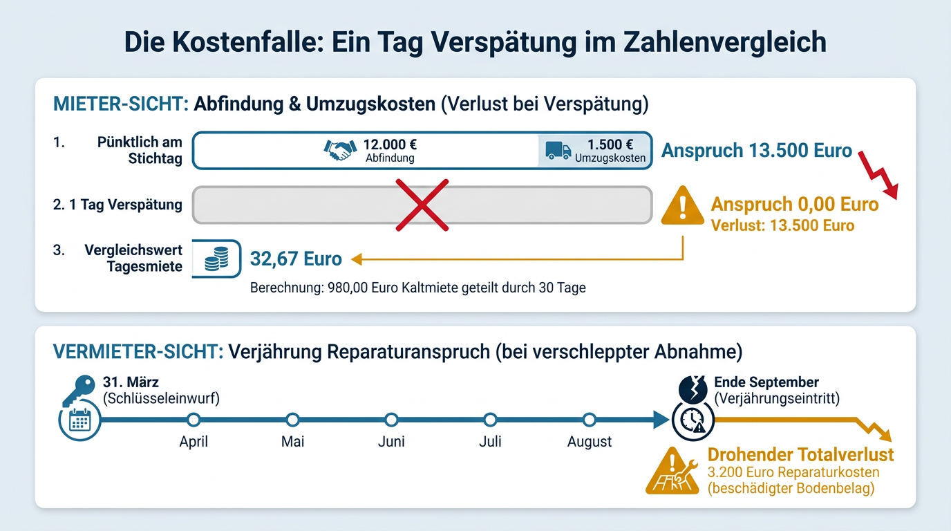 Infografik zur Verdeutlichung der finanziellen Folgen einer Fristversäumnis um einen Tag mit Abfindungsverlust von 13.500 Euro sowie der sechsmonatigen Verjährungsfrist für Vermieterschäden über 3.200 Euro.
