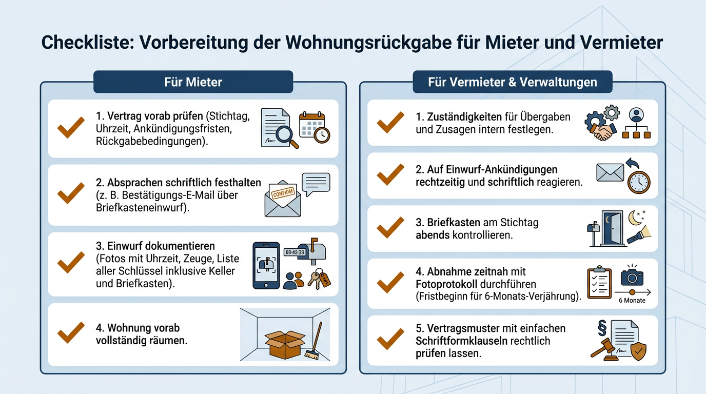 Zweispaltige Handlungs-Checkliste für Mieter und Vermieter zur rechtssicheren Vorbereitung, Durchführung und Dokumentation einer Wohnungsrückgabe.