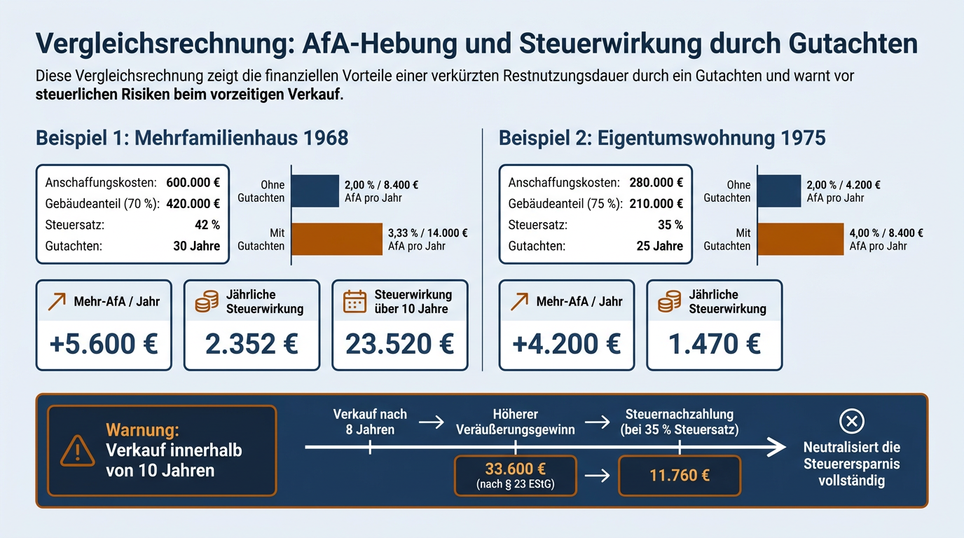 Vergleichsgrafik der steuerlichen Auswirkungen mit und ohne Nutzungsdauer-Gutachten für ein Mehrfamilienhaus und eine Eigentumswohnung inklusive Zehnjahresfrist-Effekt.