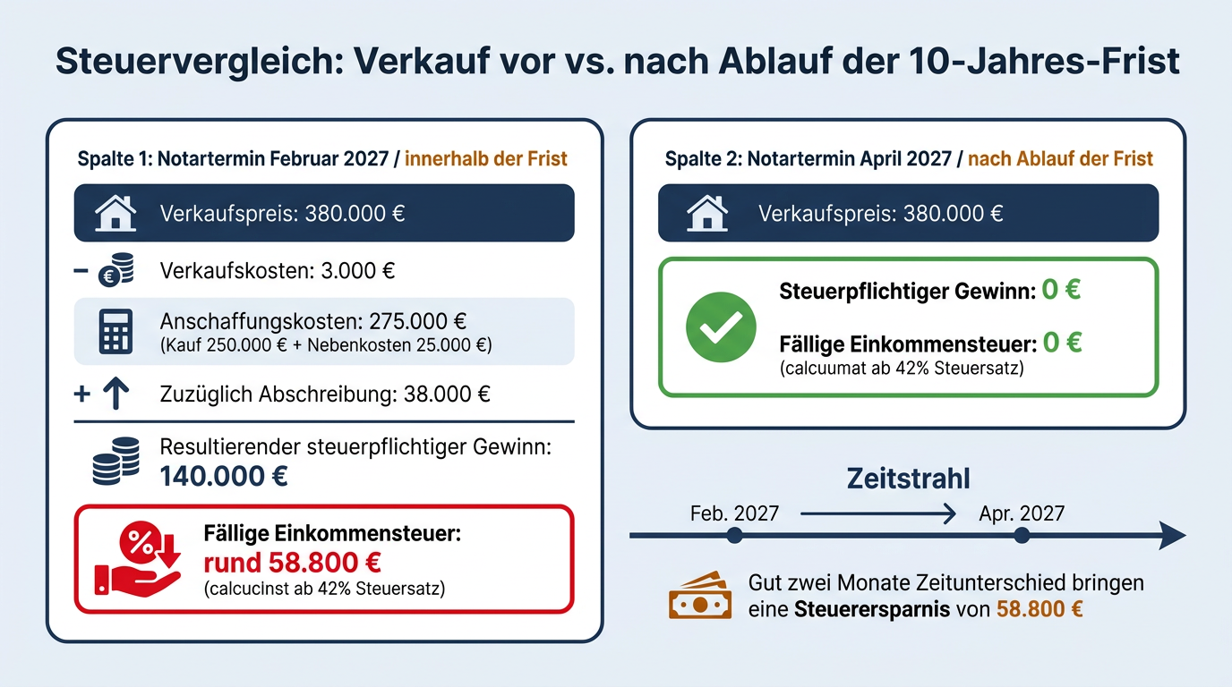 Infografik vergleicht die Steuerbelastung beim Verkauf einer Eigentumswohnung: Vor Ablauf der Zehnjahresfrist fallen 58.800 Euro Einkommensteuer an, nach Ablauf der Frist ist der Gewinn steuerfrei.