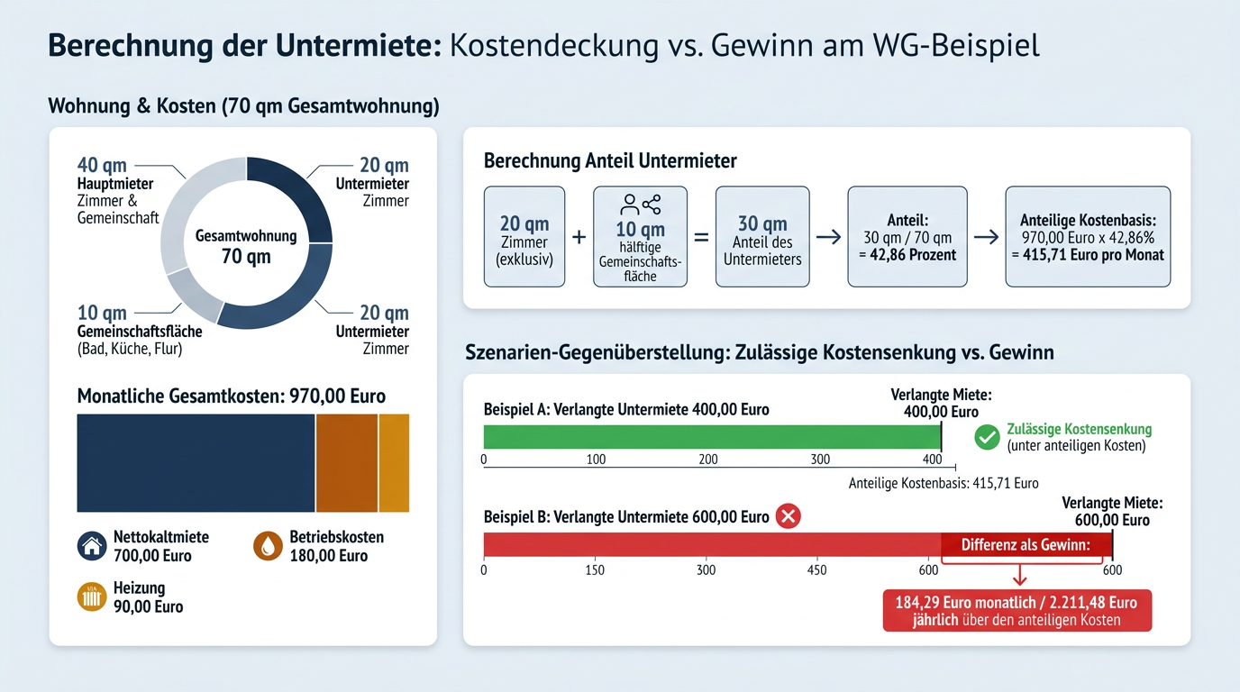 Infografik zur Aufteilung von Wohnfläche und Kosten in einer WG, die zeigt, dass eine Untermiete von 400 Euro kostendeckend zulässig ist, 600 Euro jedoch unzulässigen Gewinn bedeuten.