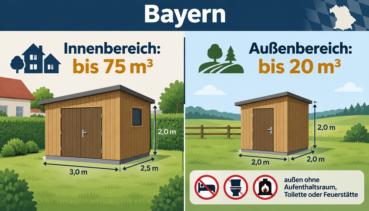 Infografik: Gartenhaus, Gerätehaus & Schuppen Baugenehmigung in Bayern
