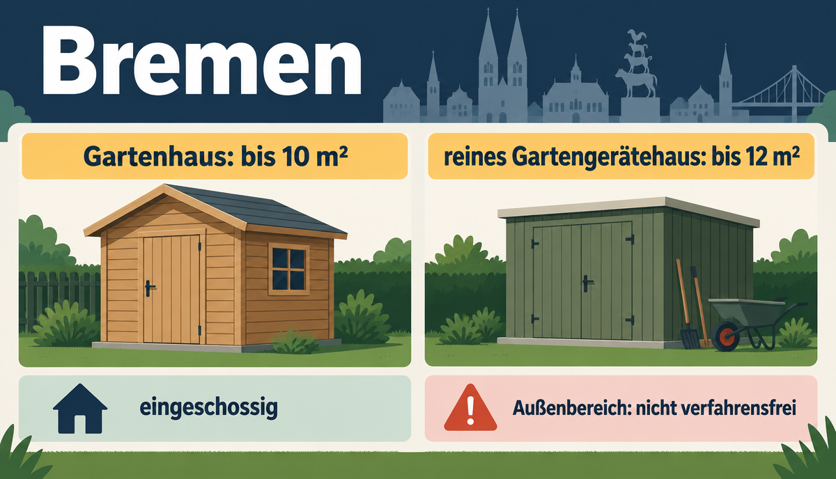 Infografik: Gartenhaus, Gerätehaus & Schuppen Baugenehmigung in Bremen