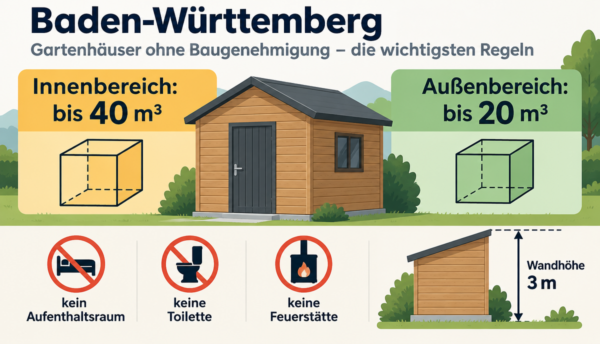 Infografik: Gartenhaus, Gerätehaus & Schuppen Baugenehmigung in Baden-Württemberg