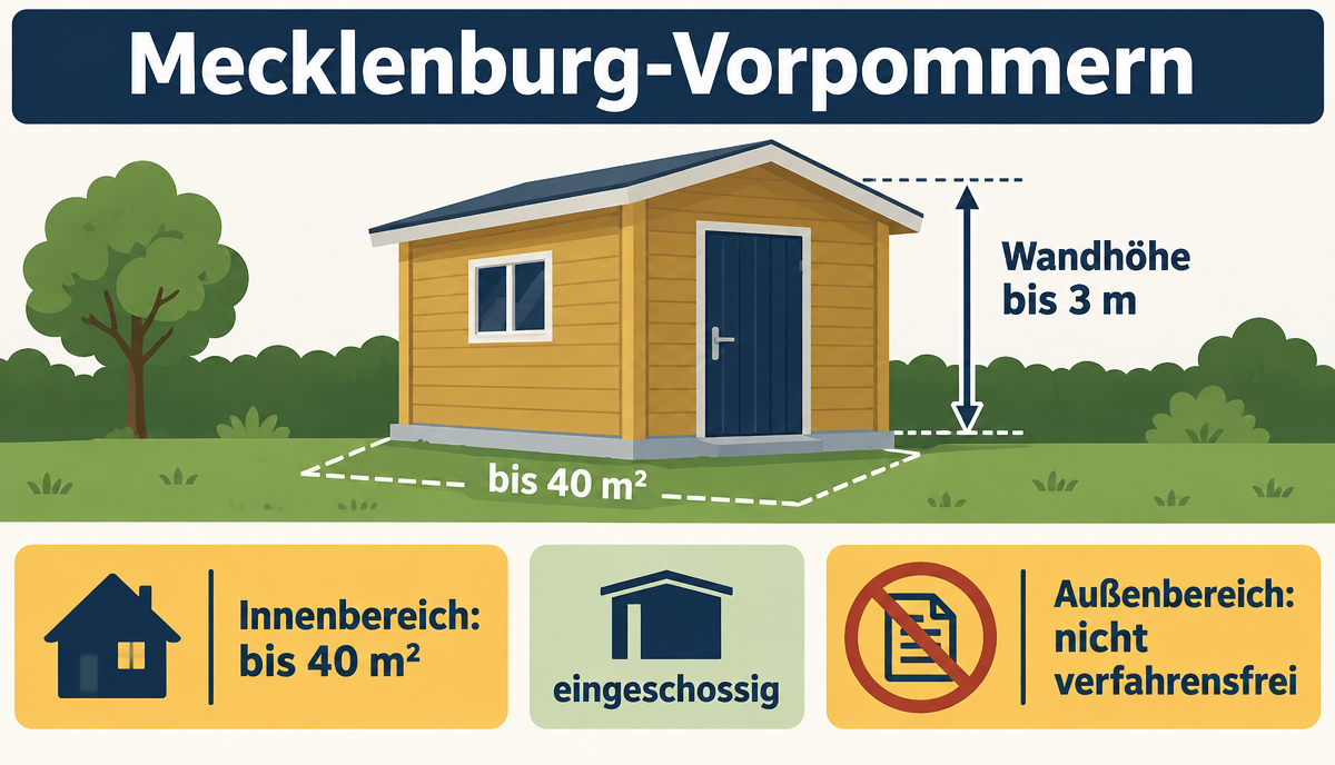 Infografik: Gartenhaus, Gerätehaus & Schuppen Baugenehmigung in Mecklenburg-Vorpommern