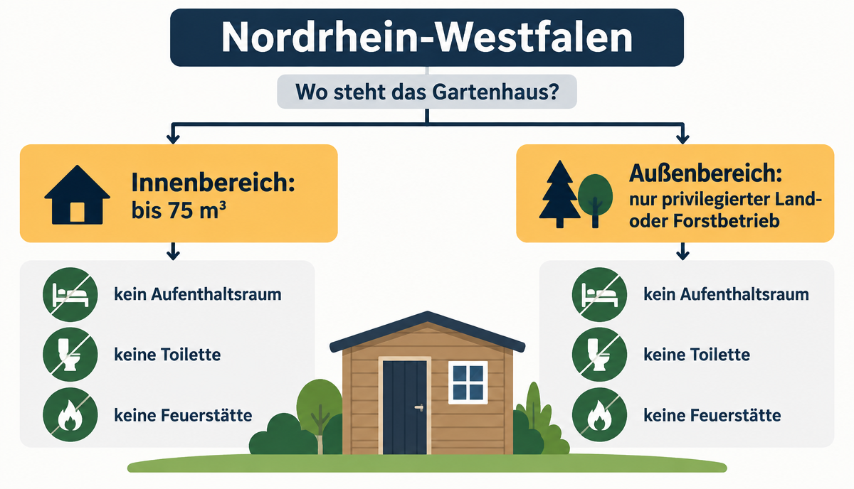 Infografik: Gartenhaus, Gerätehaus & Schuppen Baugenehmigung in Nordrhein-Westfalen