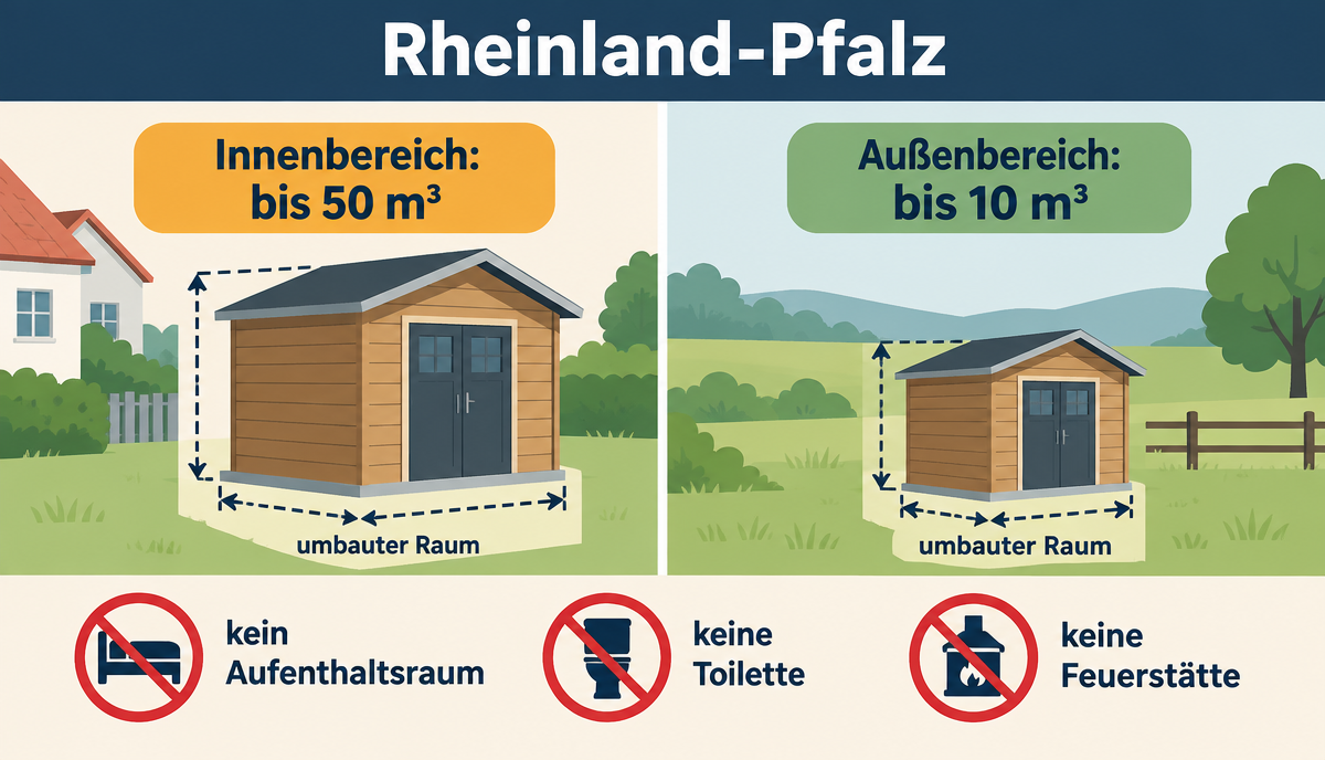 Infografik: Gartenhaus, Gerätehaus & Schuppen Baugenehmigung in Rheinland-Pfalz