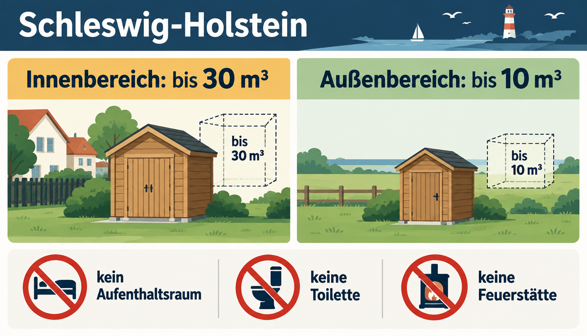 Infografik: Gartenhaus, Gerätehaus & Schuppen Baugenehmigung in Schleswig-Holstein