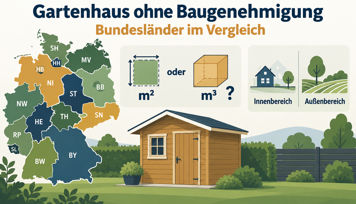 Infografik: Gartenhaus, Gerätehaus & Schuppen ohne Baugenehmigung – Grenzwerte der Bundesländer